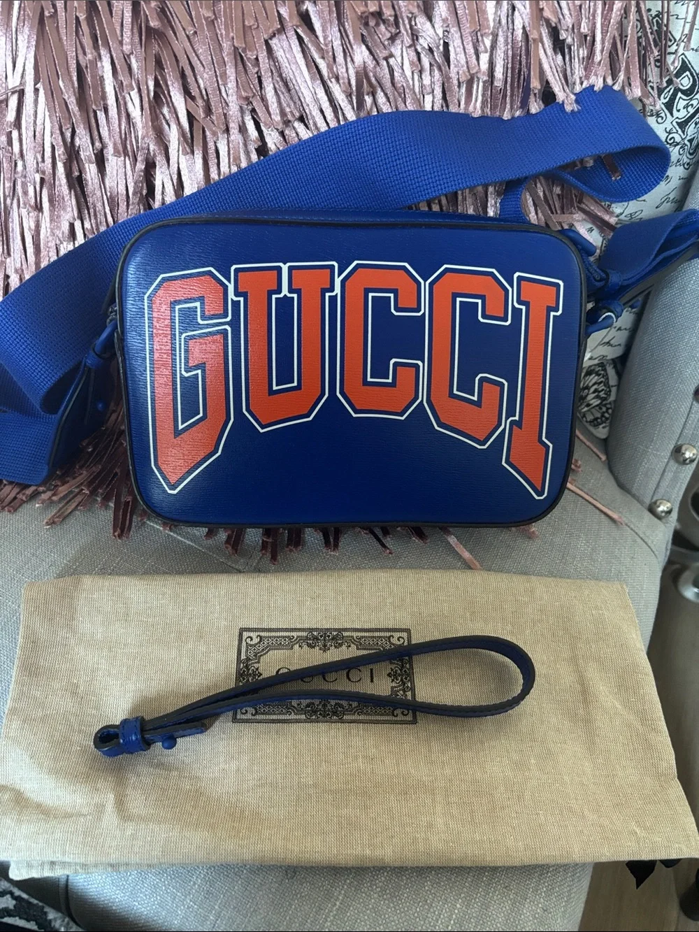 Gucci Authentic Blue Leather Bag w/Orange Logo Size H6.29